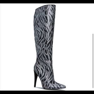 Sparkly silver zebra print boots from shoe dazzle